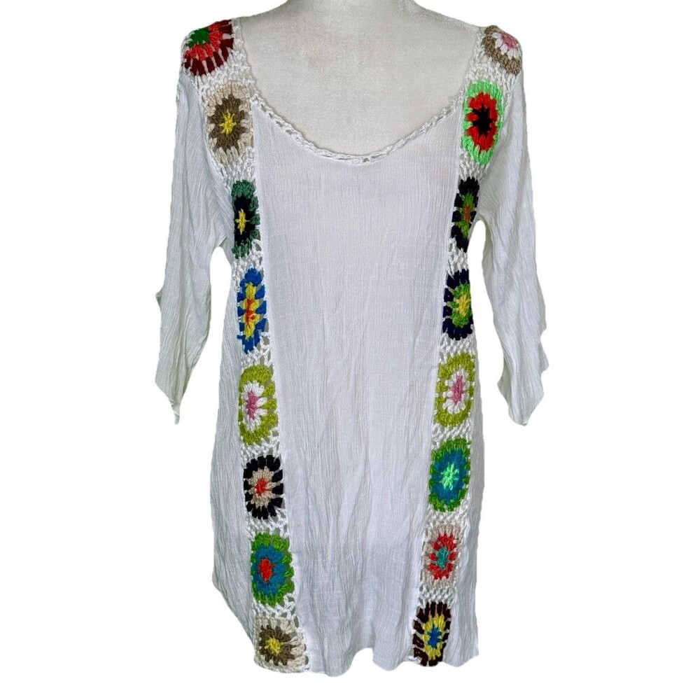 Women Boho White Gauze Swim‎ Cover Up Tunic Crochet Granny Square Trim Sz S